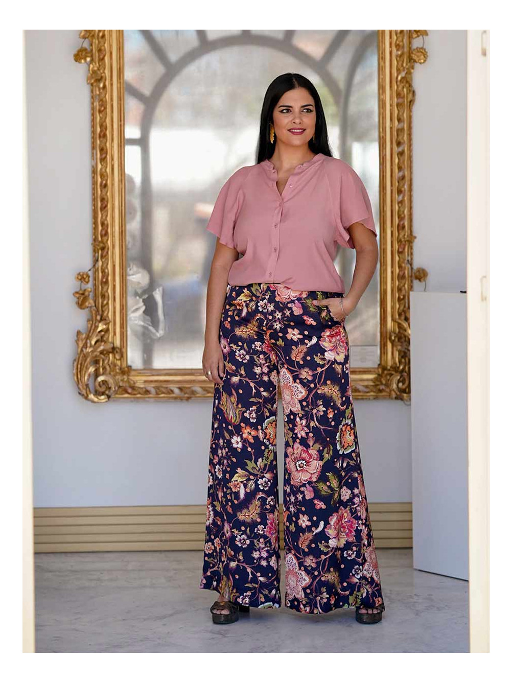 Pantalón Estampado Razzoli, Pantalón De Flores, Pantalón Palazzo, Mariquita Trasquilá