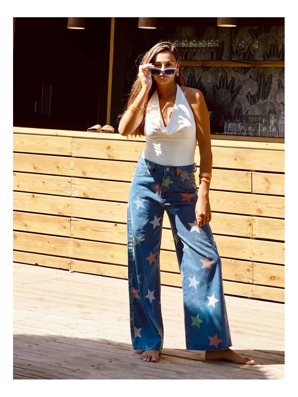 Jeans Estampado de Estrellas, Jeans Wide Leg, Pantalón Vaquero Mujer, Mariquita Trasquilá