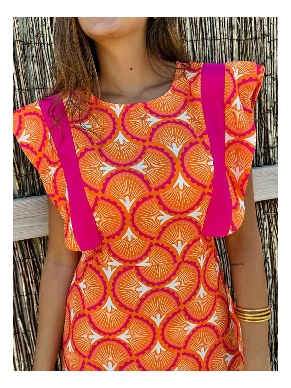 Vestido El Puerto, Vestido Fucsia y Naranja, Vestido con Volante, Mariquita Trasquilá