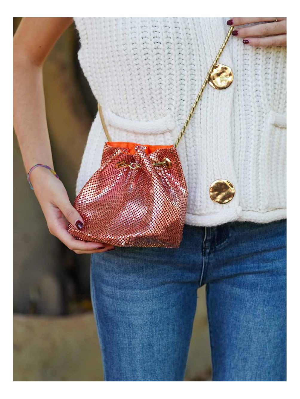 Bolso Bandolera Lentejuelas, Bolso Coral, Bolso Lentejuelas Naranja, Mariquita Trasquilá