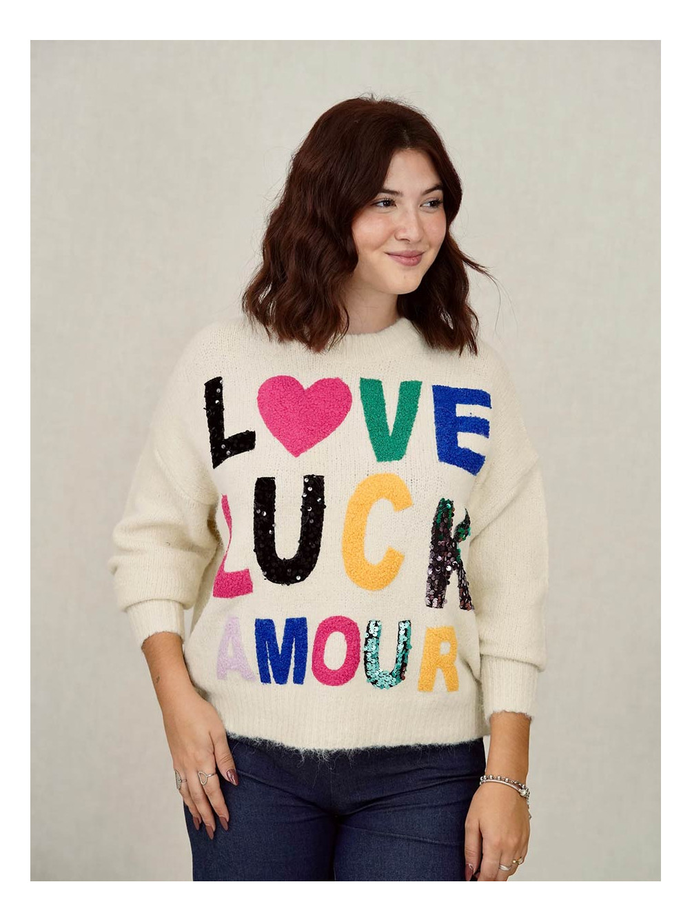 Jersey Love Luck, Jersey Letras Colores, Jersey Beige, Mariquita Trasquilá