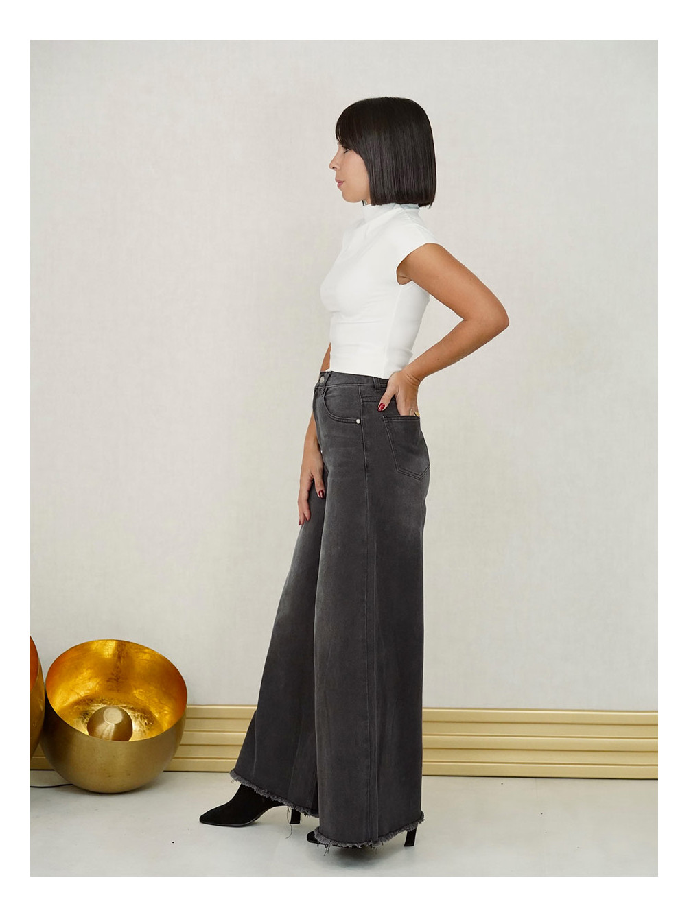 Jeans Wide Leg Gris, Jeans de Mujer, Pantalón Vaquero de Pierna Ancha, Mariquita Trasquilá