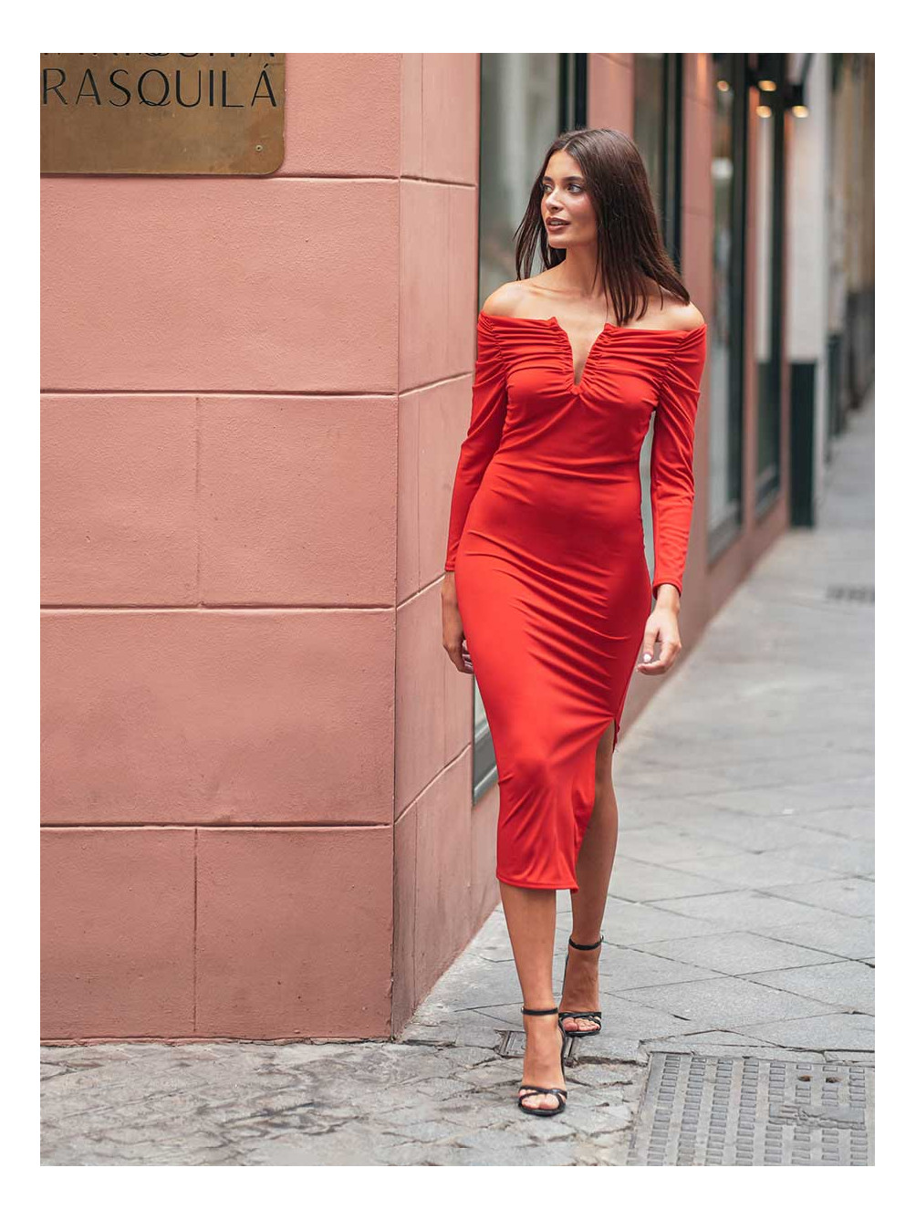 Vestido Bardot Mery, Vestido Rojo de Fiesta, Vestido de Invitada Rojo, Mariquita Trasquilá